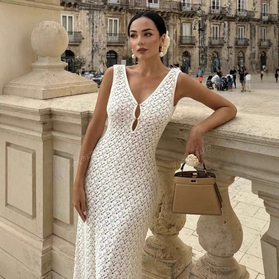 Women Hollow Knitted Beach Dress Summer Sleeveless Slim Cover-up Dress